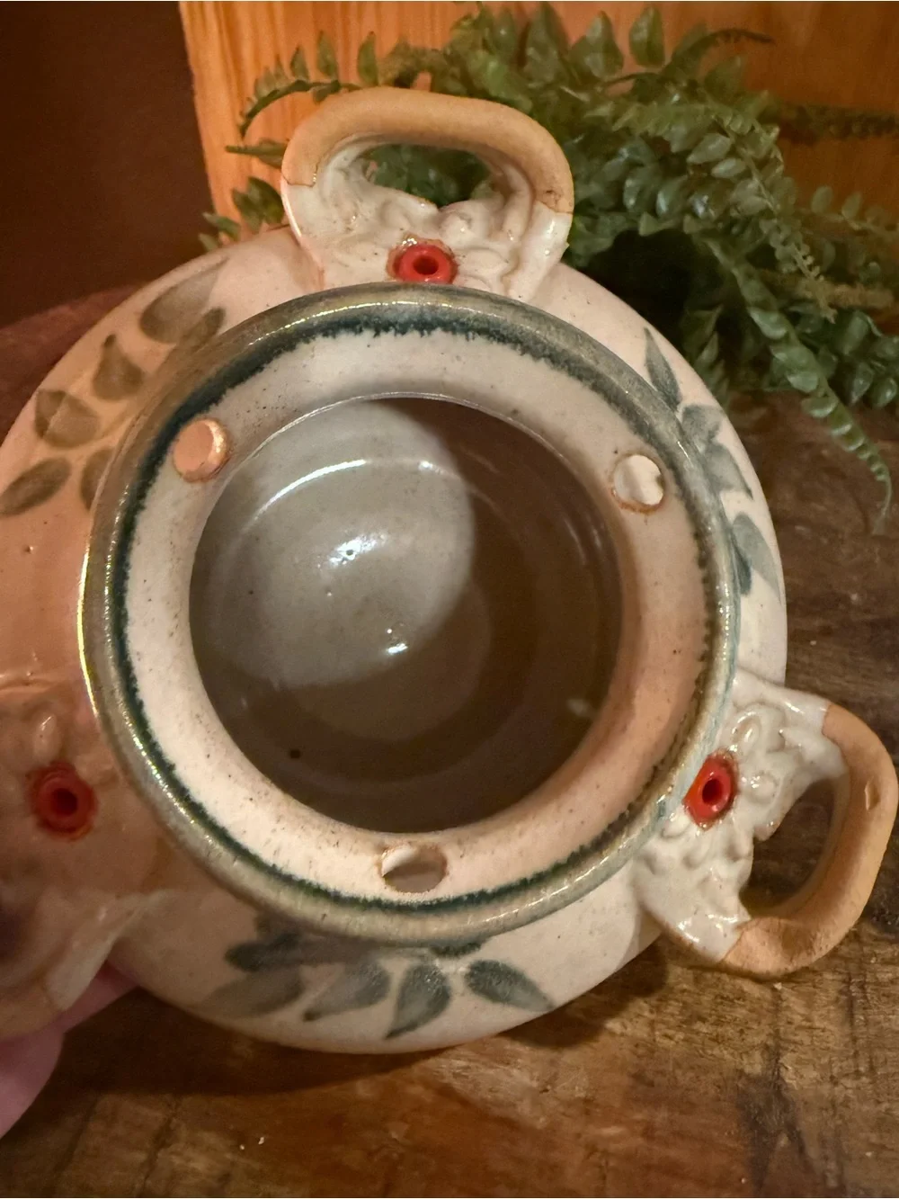 HANDCRAFTED HUMMINGBIRD FEEDER SIGNED THORPE FALL TONES ORNATE HANDLE POTTERY